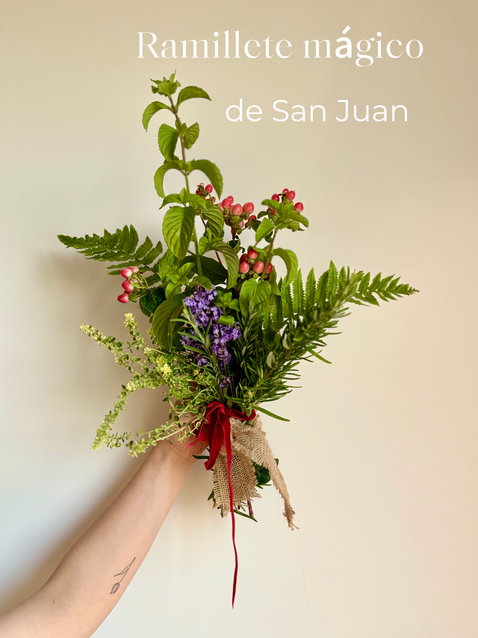Ramillete de San Juan con siete hierbas frescas atadas a mano: hipericum, lavanda, romero, menta, tomillo, hierbaluisa y helecho.