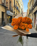 Paquete de cempasúchil naranja sostenido en una calle de La Latina, Madrid