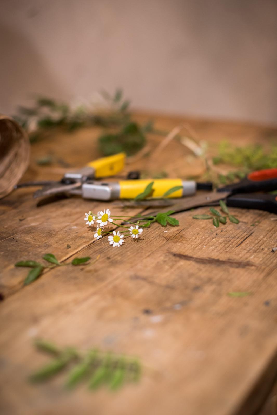 Tijeras y flores sobre la mesa del taller de Lorena Marco en Madrid